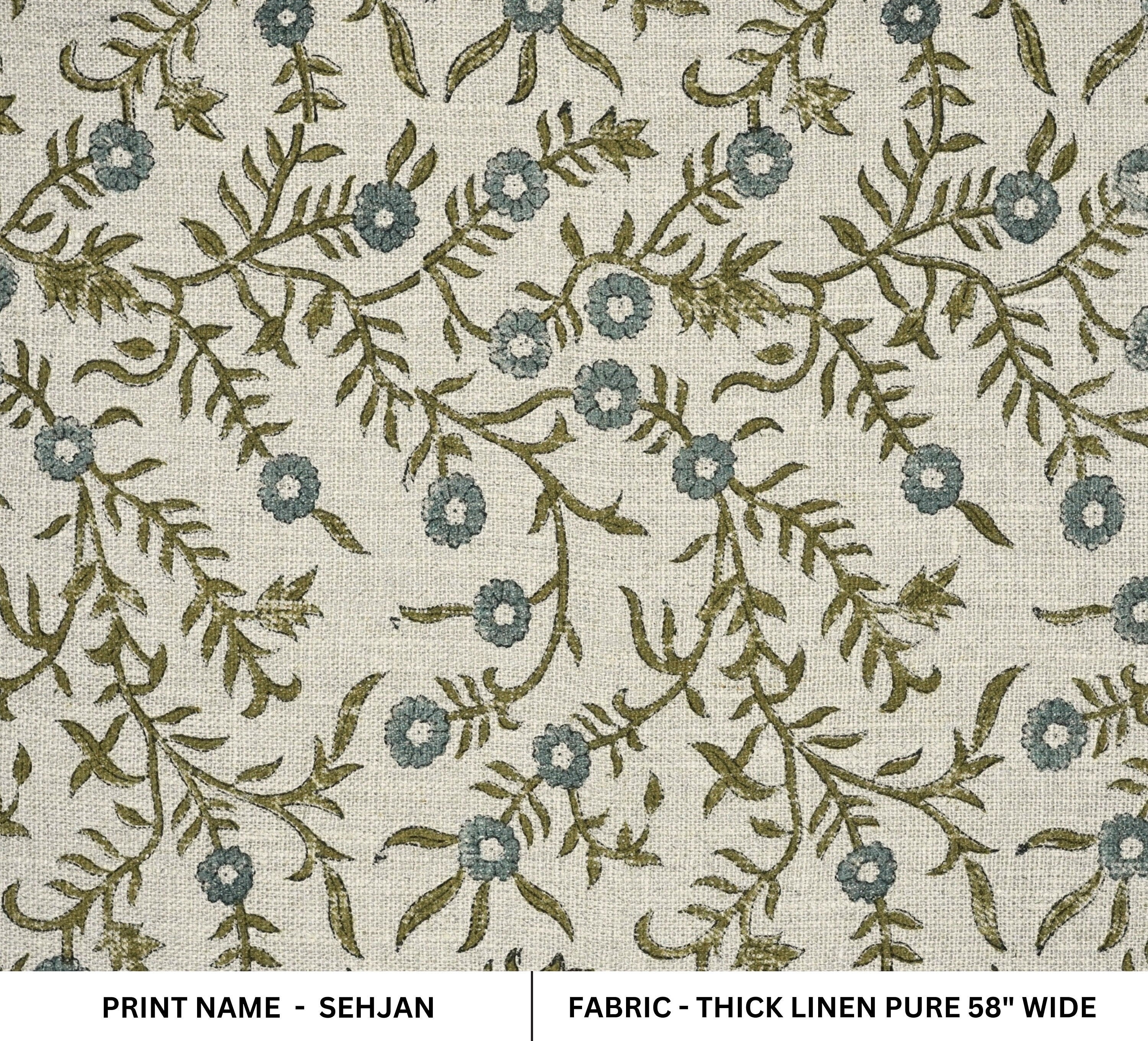 Floral hand block print, upholstery thick linen fabric for drapery curtains and sofa cover, linen pillow fabric - SEHJAN