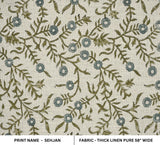 Handcrafted Block Print Gray and Green Leaves/Floral Premium Elegant Thick Linen Pure Fabric - SEHJAN