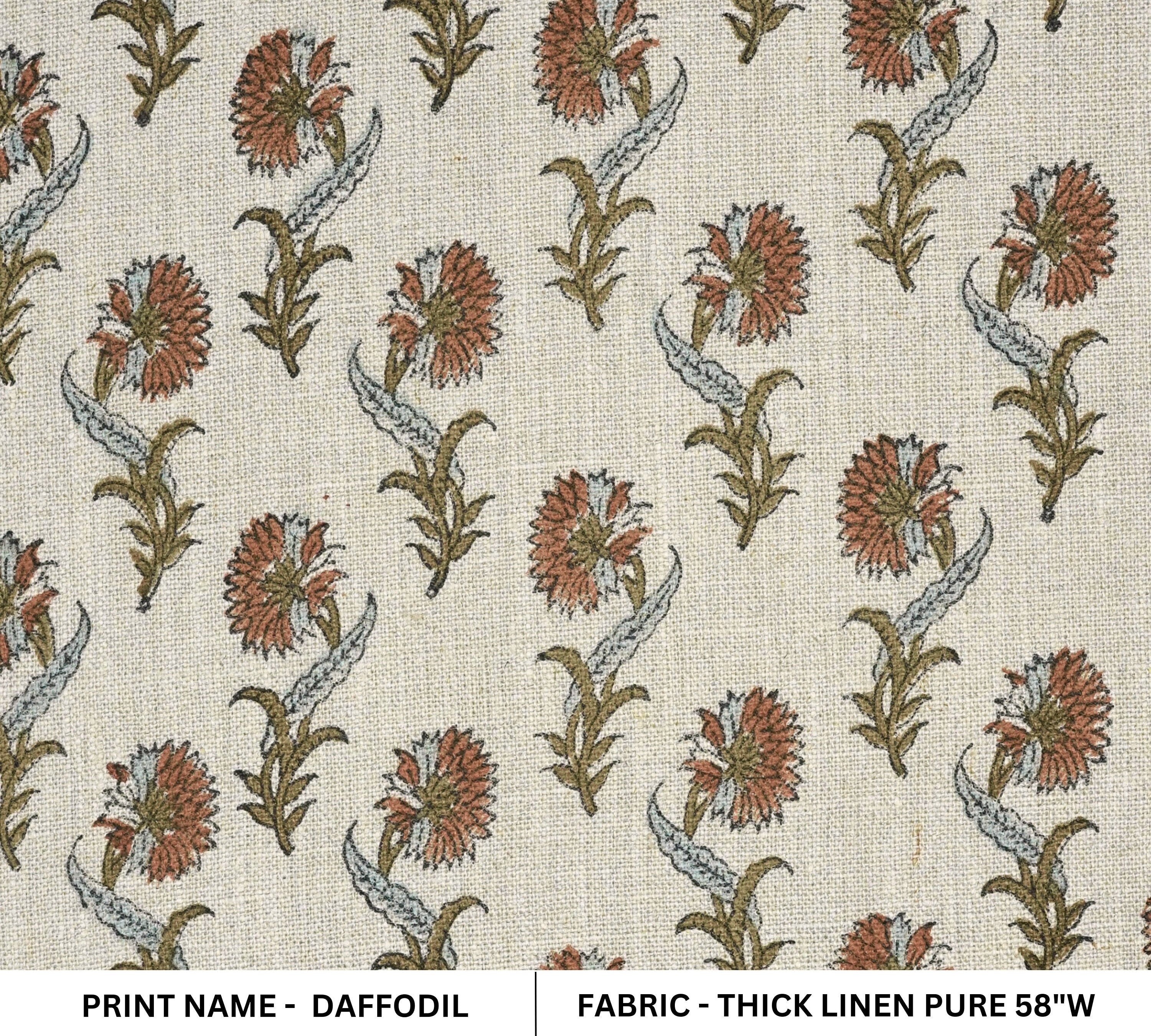 Block print floral handmade art, designer floral cushion and pillow fabric, upholstery linen - DAFFODIL
