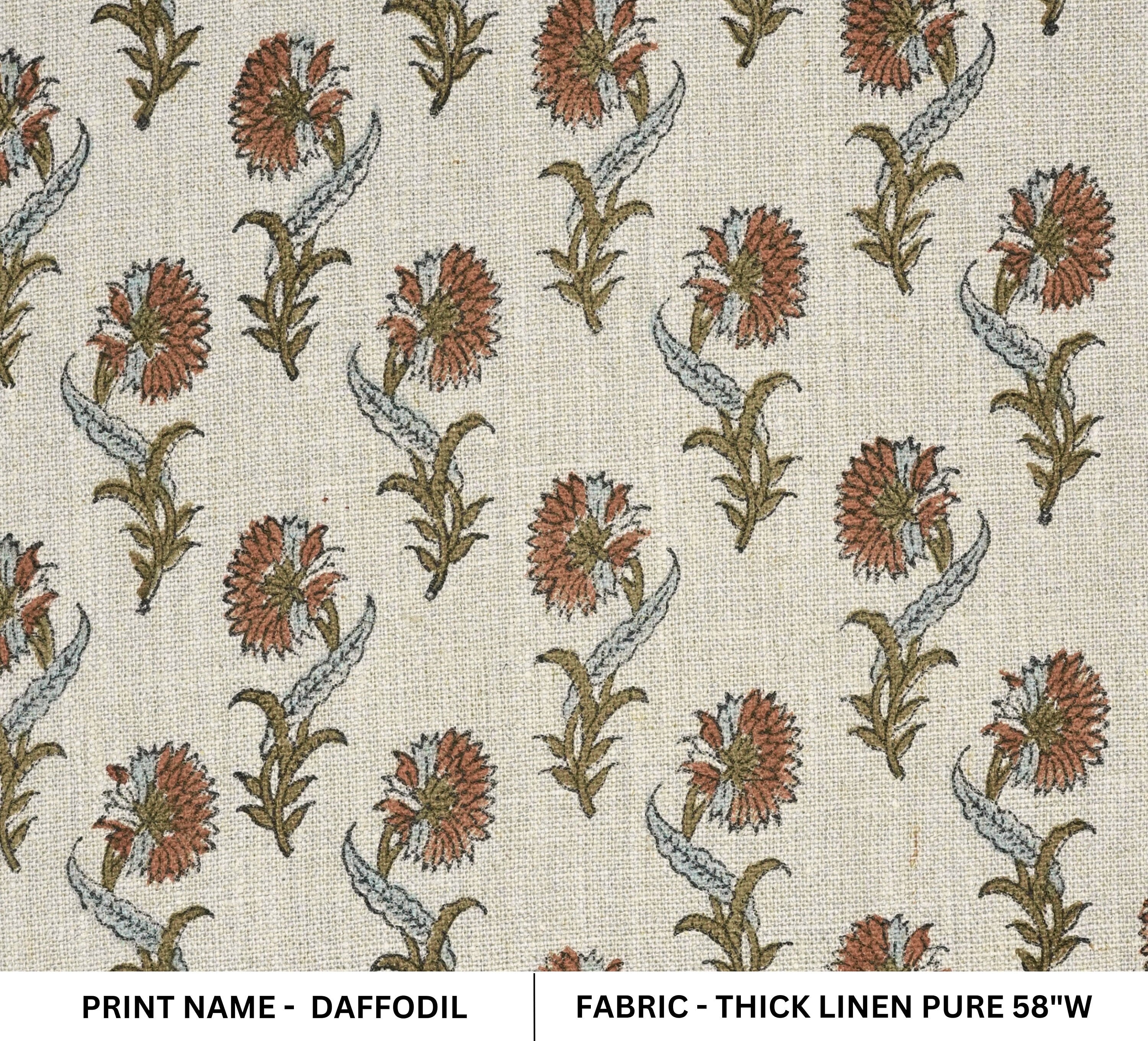 Block print floral handmade art, designer floral cushion and pillow fabric, upholstery linen - DAFFODIL