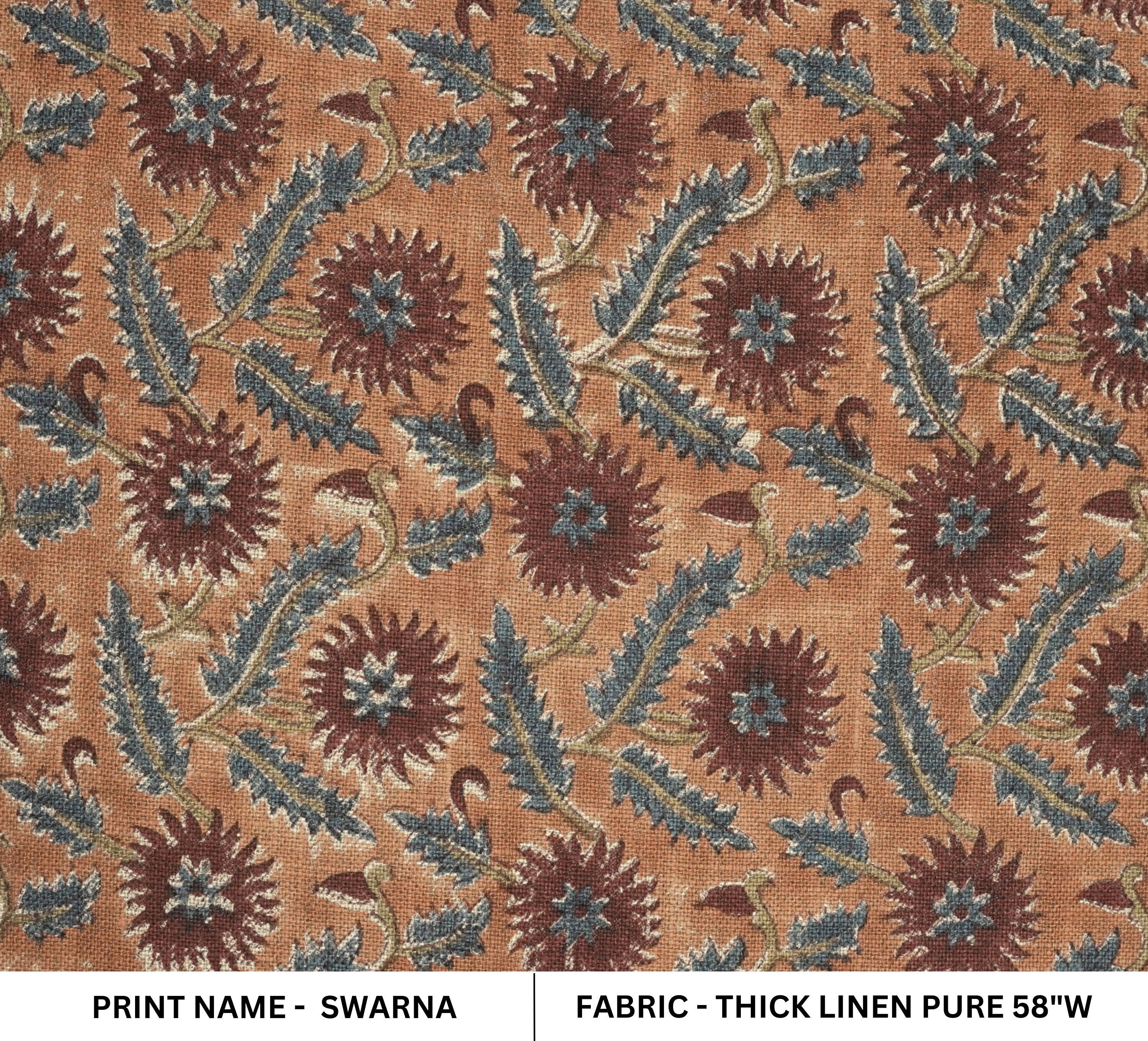 Upholstery drapery thick linen fabric for cushion covers, curtains, sofa cover, hand block print, floral handmade art - SWARNA