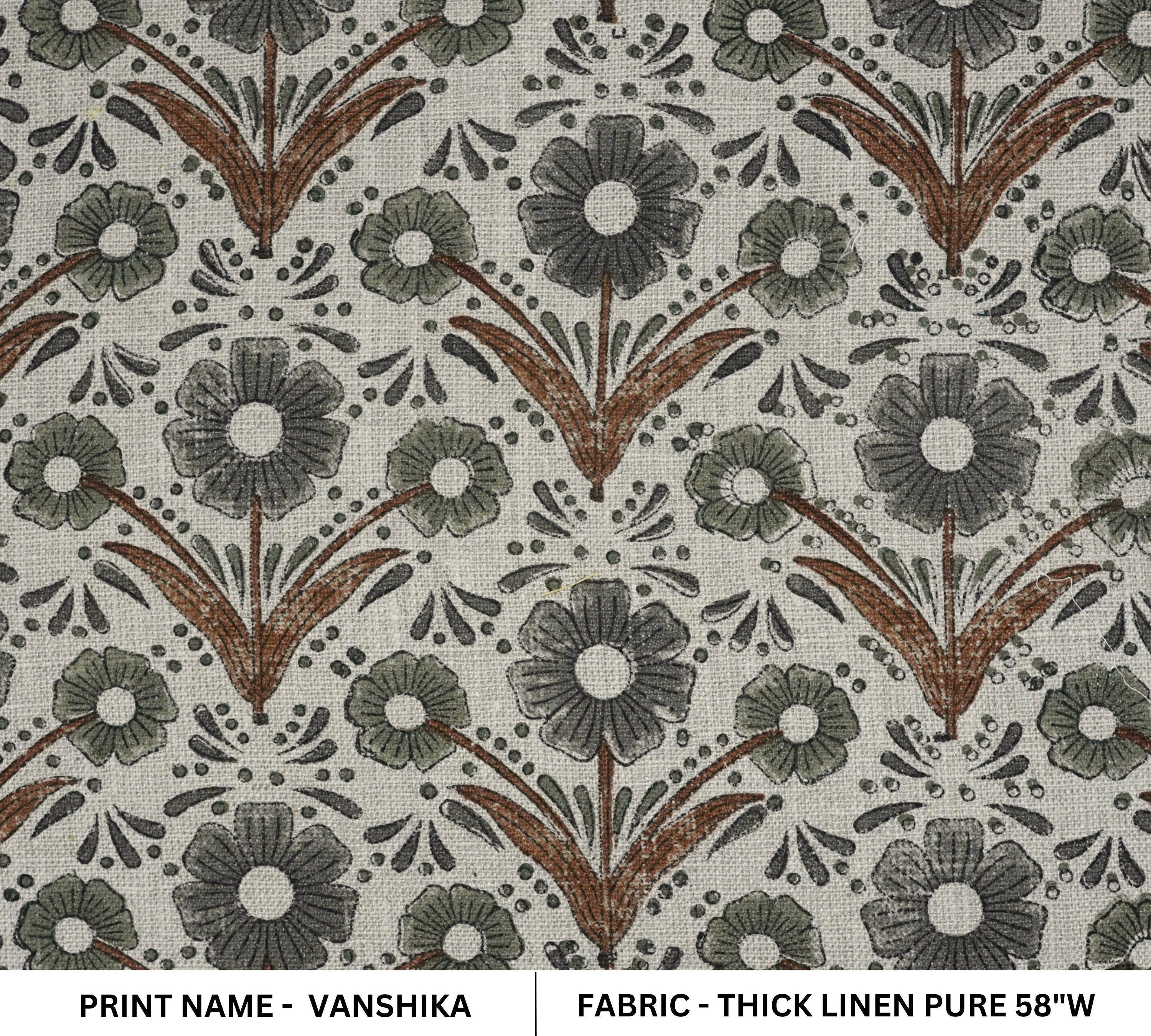 Floral block print farmhouse curtains, thick linen pure 58 " wide, Indian heavy cotton fabric for pillows and cushion covers - VANSHIKA