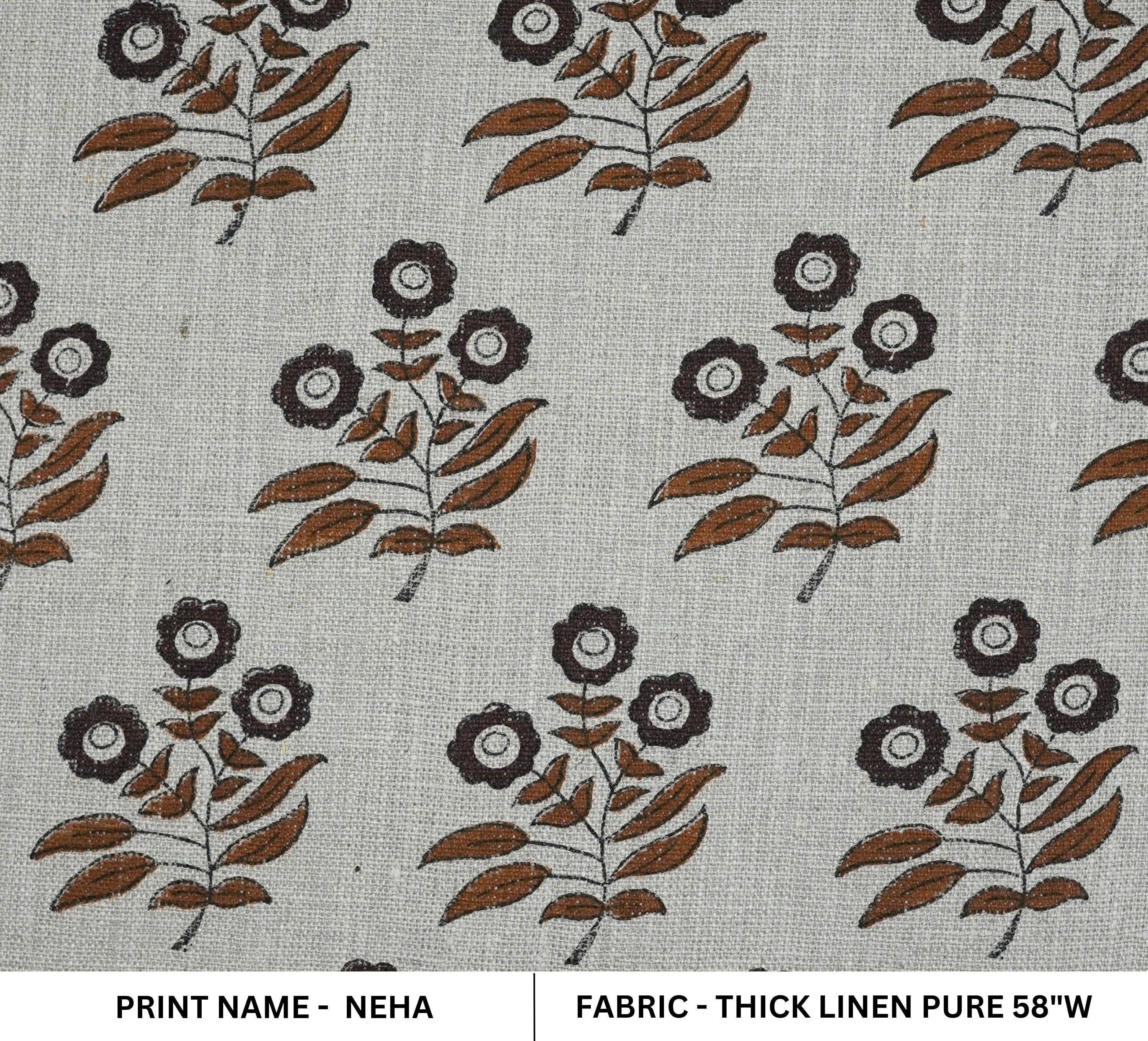 Floral block print fabric, thick linen 58" wide, upholstery fabric for curtains, cushions, handmade art, handloom fabric - NEHA