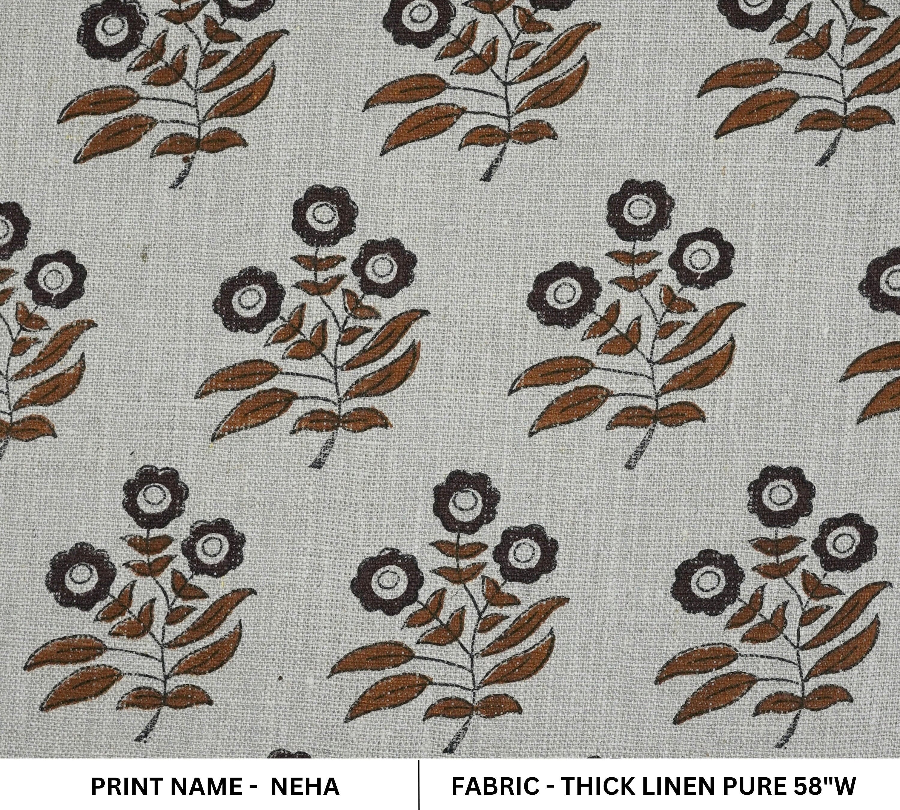 Floral block print fabric, thick linen 58" wide, upholstery fabric for curtains, cushions, handmade art, handloom fabric - NEHA