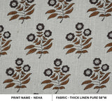 Handcrafted Thick Pure Linen Throw Block Printed Brown, Green & Gray Floral Fabric - NEHA