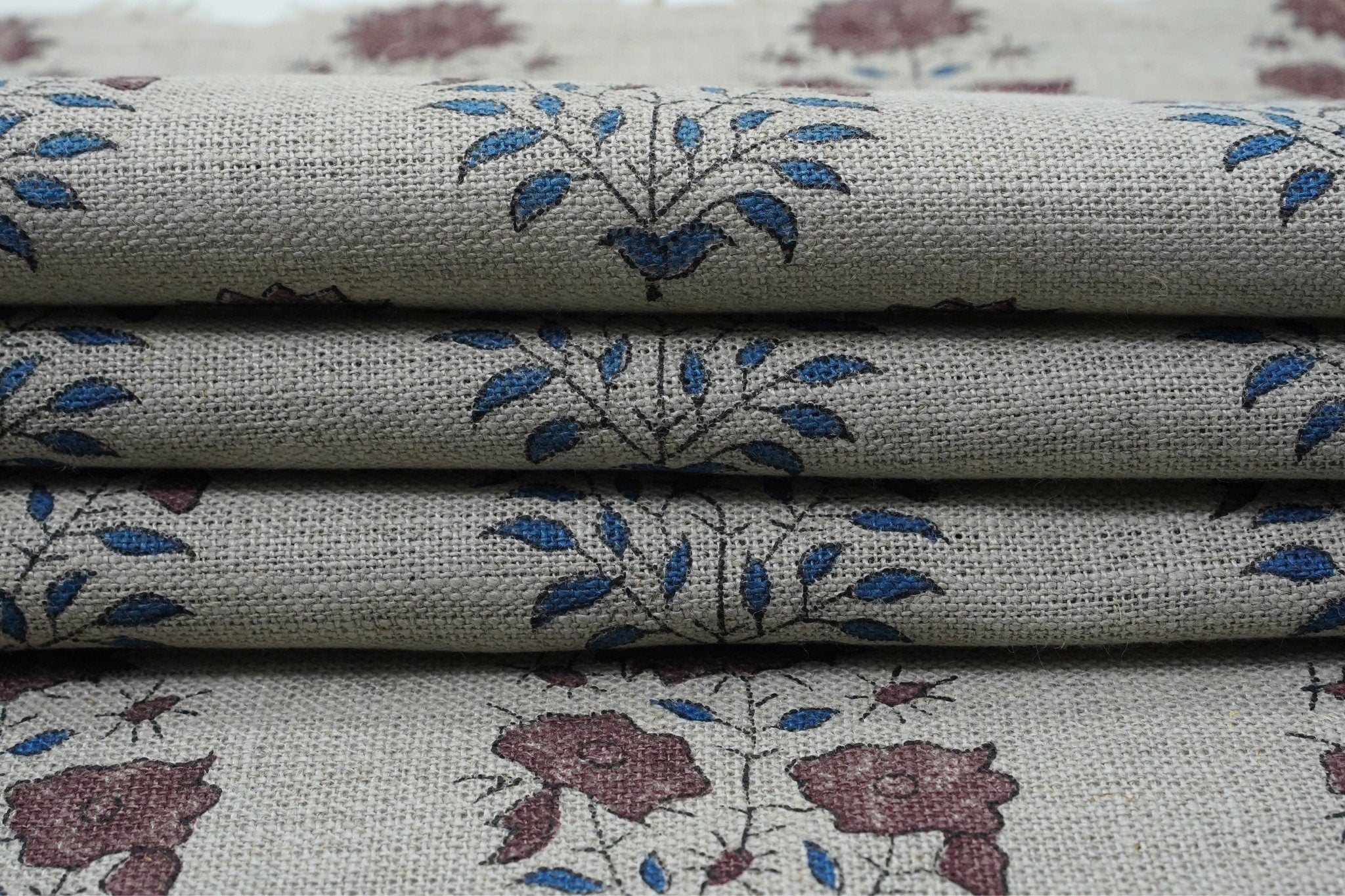 Block print drapery thick linen fabric, hand block print, floral handmade art, linen pillow and cushion fabric, upholstery - MAYRA