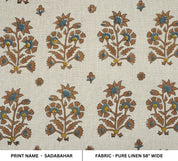 Linen block print fabric for pillow and cushion cover, flower print linen curtain, napkins, Indian handmade art, bohemian decor - SADABAHAR