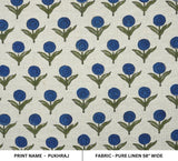 Handmade Artisan Block Printed Blue, Green & Gray Floral Custom Fabric in Pure Linen - PUKHRAJ