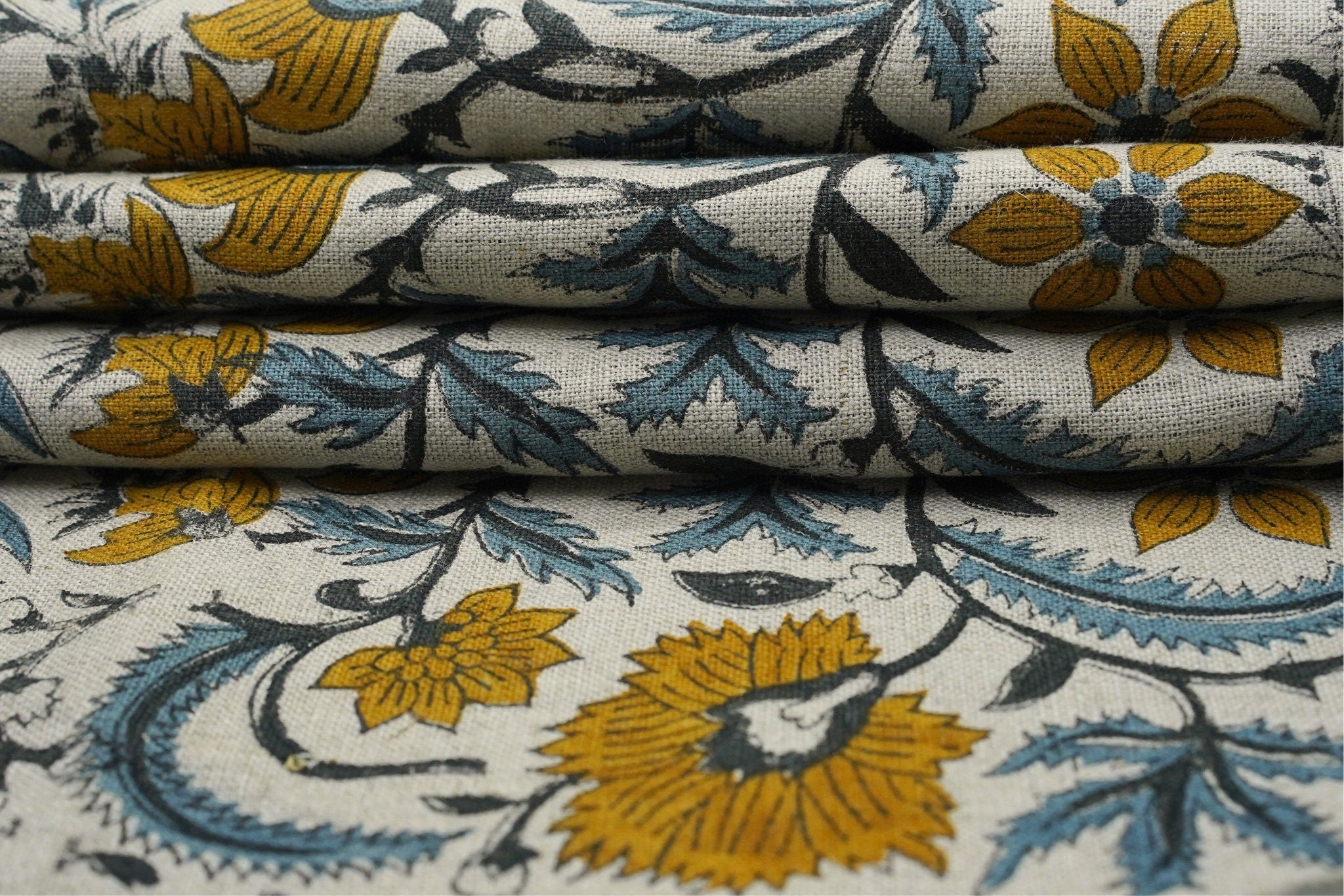 Pure linen floral hand block print, linen window valance, printed cushion and pillow cover, linen bohemian floral decor - KUNDANVAN