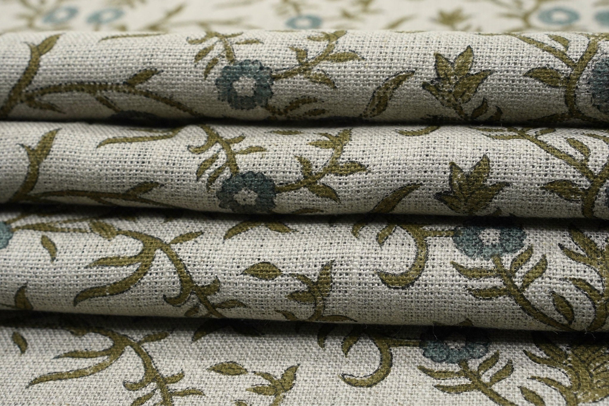 Floral hand block print, upholstery thick linen fabric for drapery curtains and sofa cover, linen pillow fabric - SEHJAN