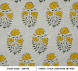 Handmade Yellow & Green Sunflower Block Printed Thick Linen Pure Fabric For Curtains and Table Cloth - MAYRA