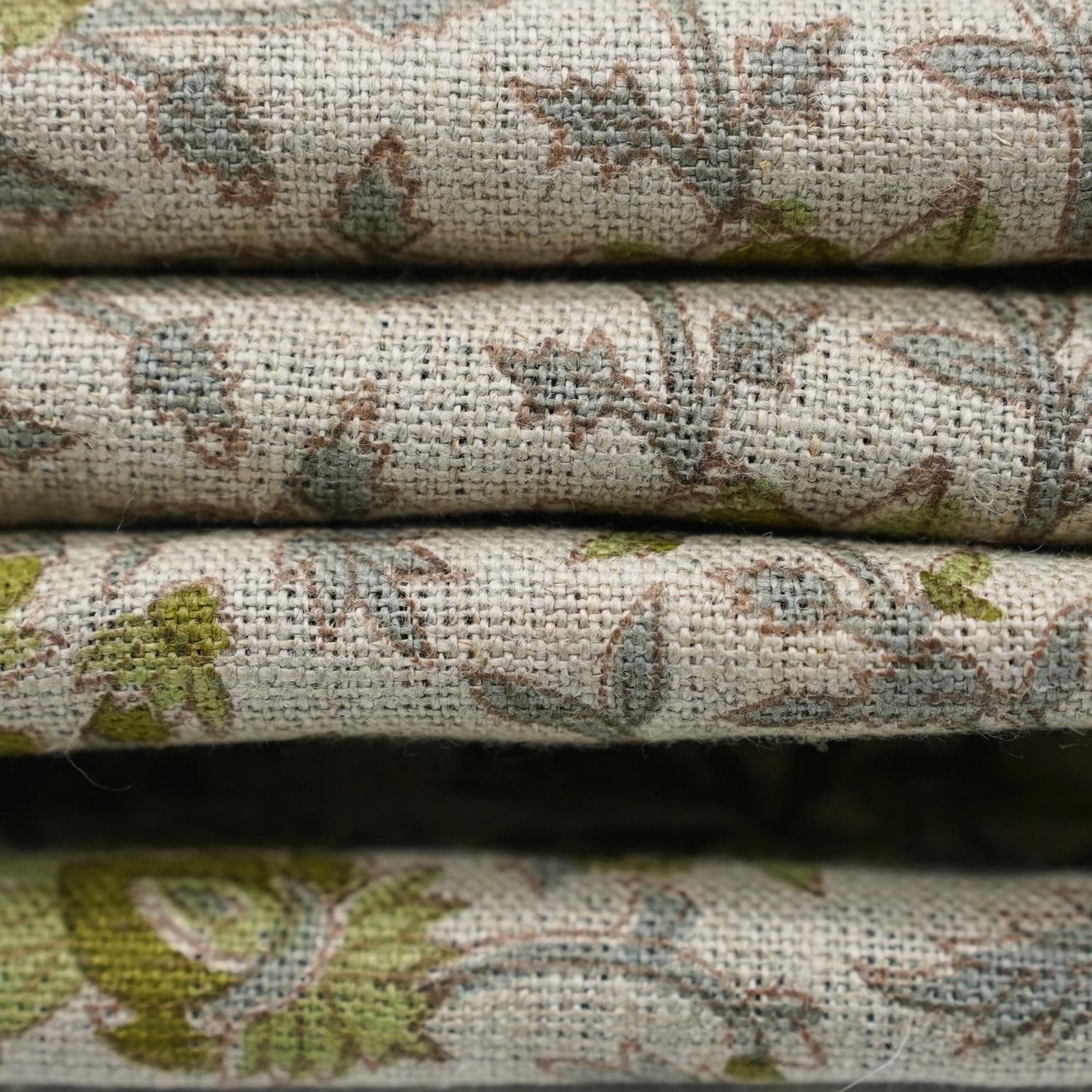 Floral block print green thick linen fabric - NEERABEL