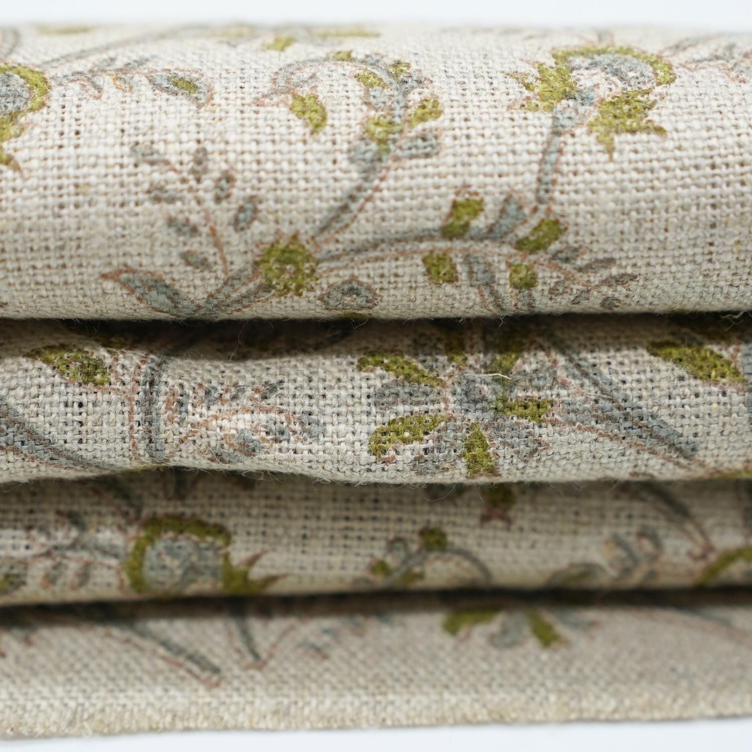 Hand block print green thick linen fabric - VARANASI