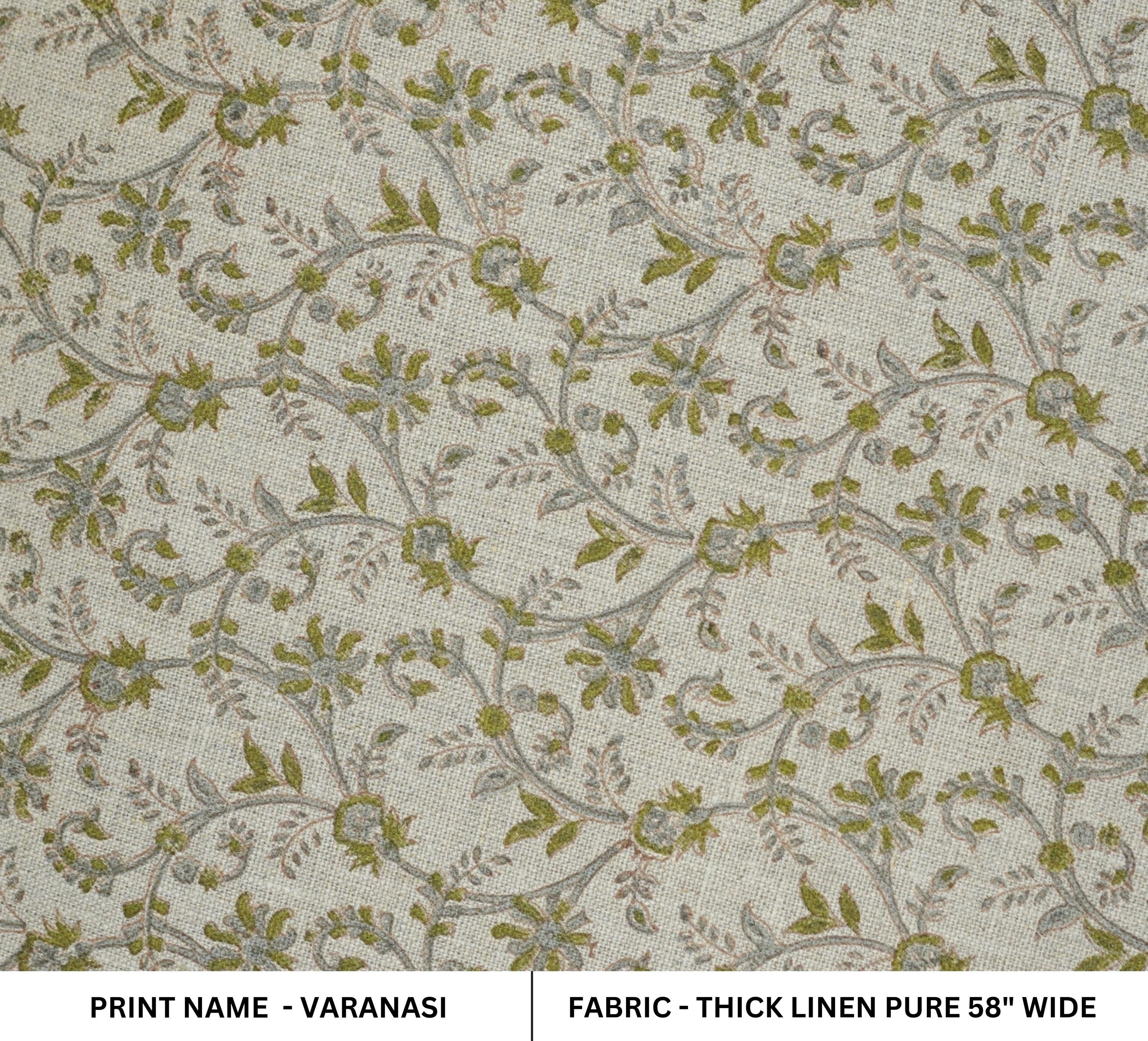 Hand block print green thick linen fabric - VARANASI