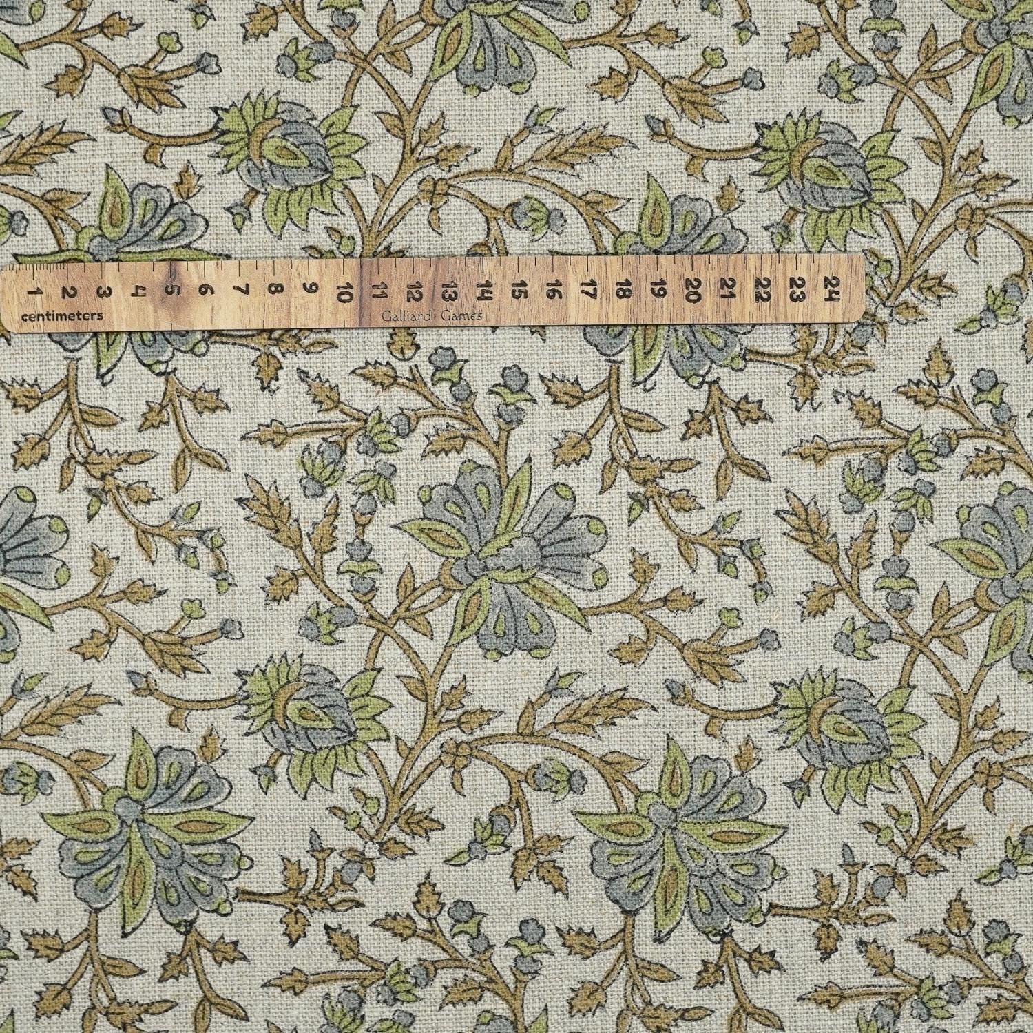 Green leaf block print thick linen fabric- NEERABEL