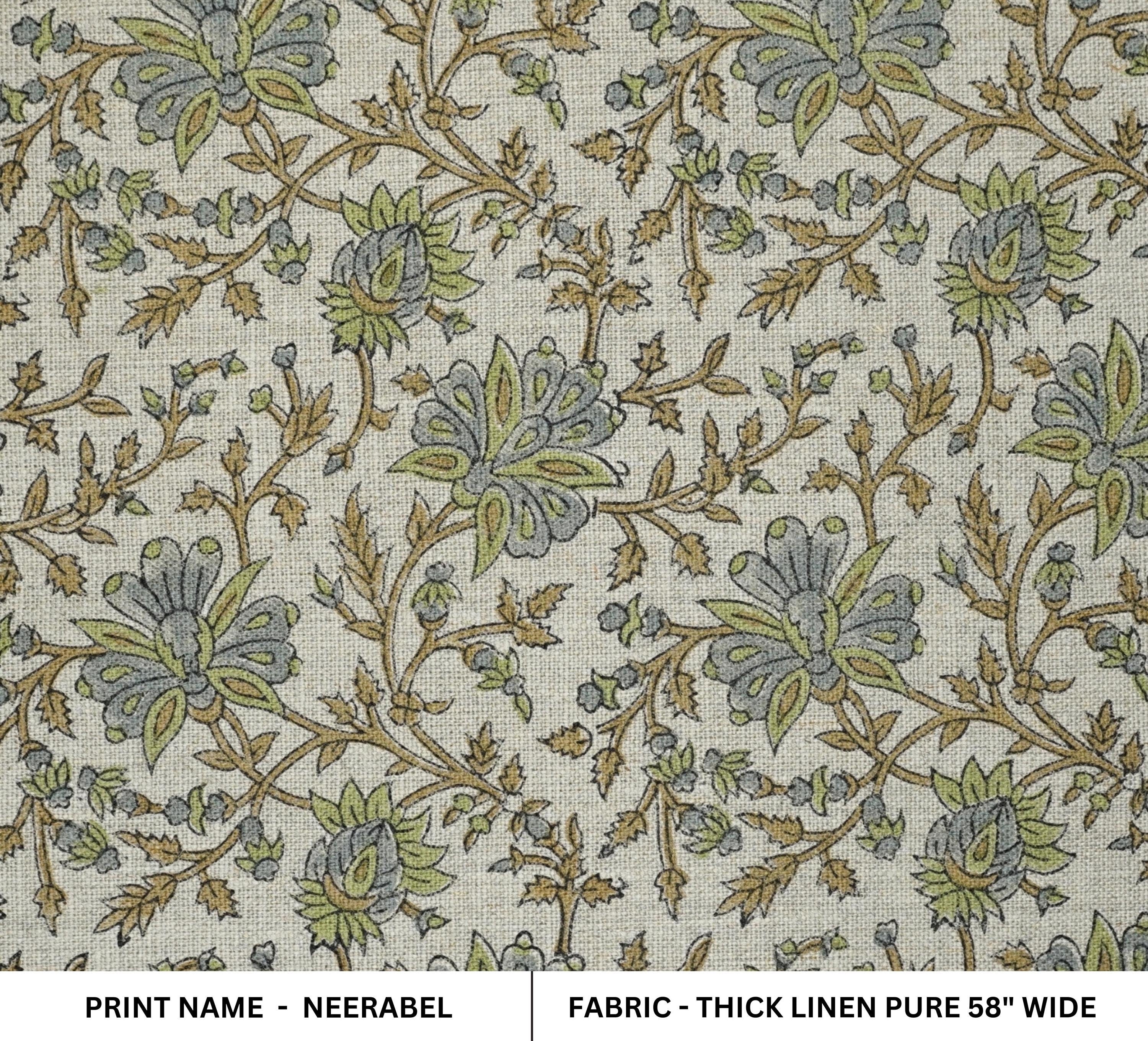 Green leaf block print thick linen fabric- NEERABEL