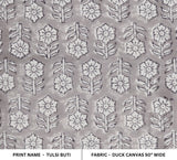 Handmade Throw Spanish Gray Boho Mini Floral Block Printed Duck Canvas Fabric - TULSI BUTI