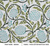 Floral block print green leaves thick cotton white fabric - MERAKI