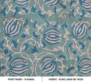 Blue lotus block print pure linen fabric - 6 KAMAL