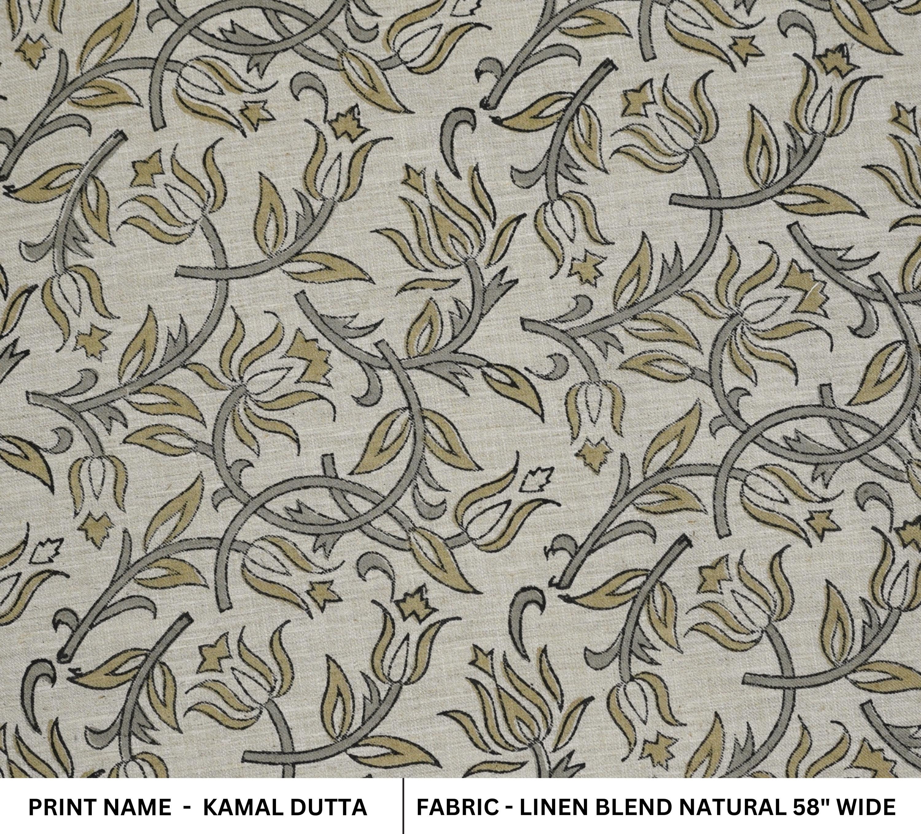 Floral block print linen blend natural fabric - KAMALDUTTA