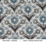 Handblock Printed Gray and Blue Floral Viscose Linen Fabric - Vanshika