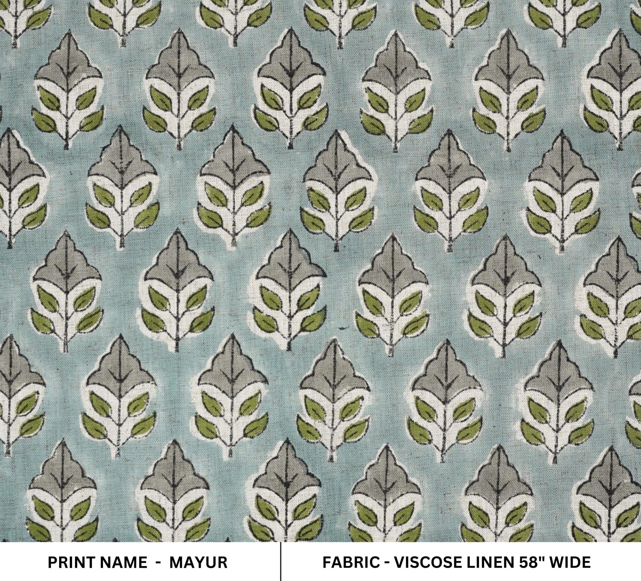BLOCK PRINT FLORAL GRAY NATURAL VISCOSE LINEN FABRIC - MAYUR