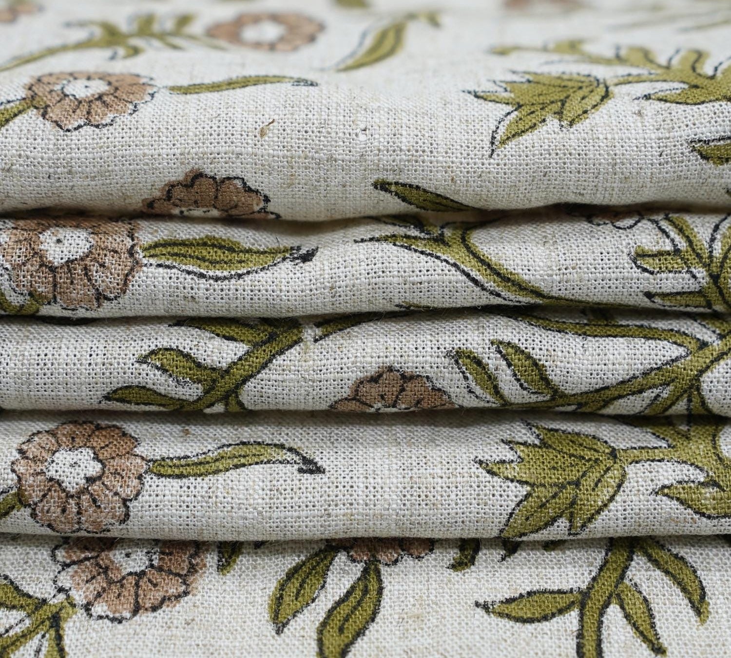 SEHJAN HAND BLOCK PRINTED FABRIC – GREEN & BEIGE FLORAL DESIGN ON ELEGANT VISCOSE LINEN 