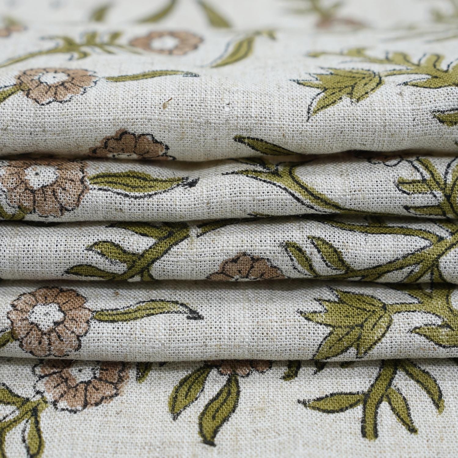 SEHJAN HAND BLOCK PRINTED FABRIC – GREEN & BEIGE FLORAL DESIGN ON ELEGANT VISCOSE LINEN 