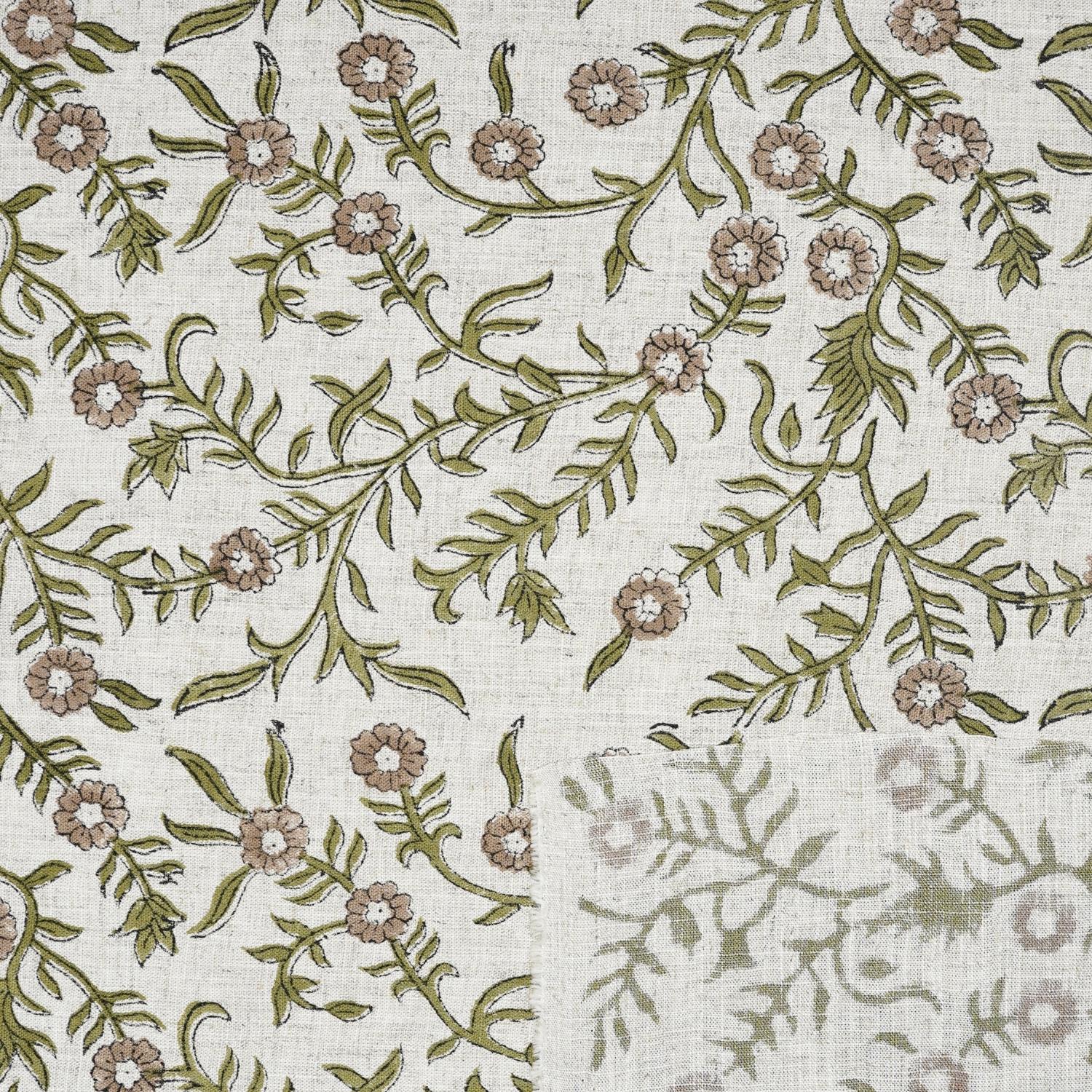 LINEN HAND BLOCK PRINT FABRIC FLORAL DECORATIVE FABRIC  - SEHJAN