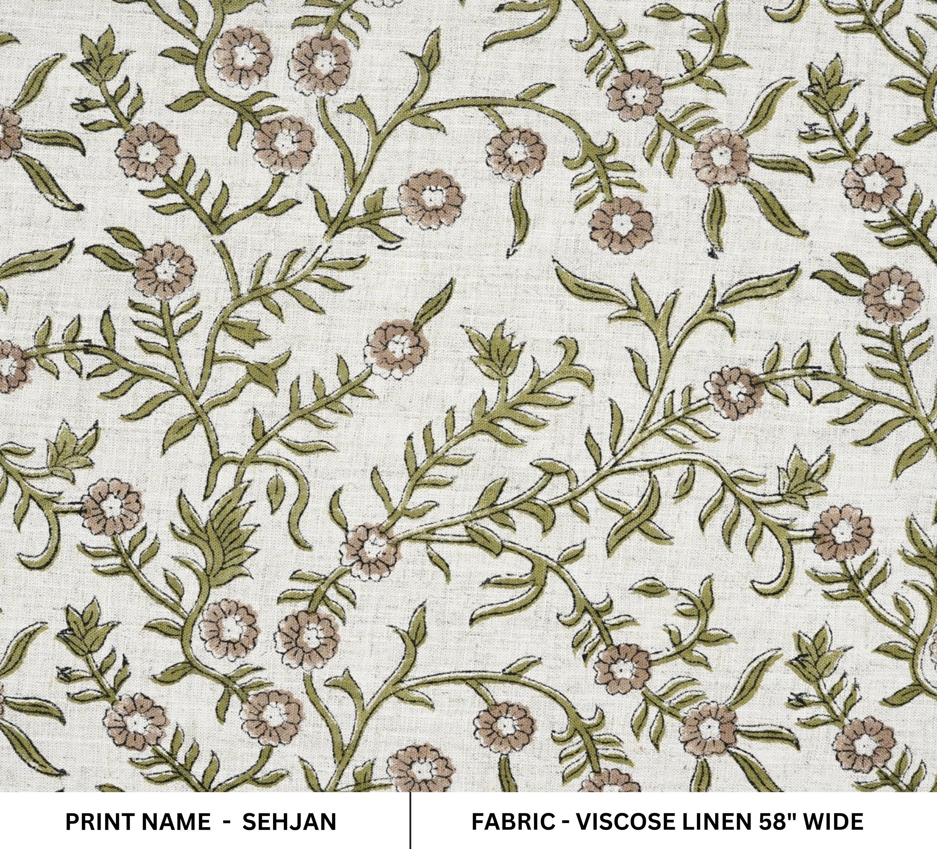 SEHJAN HAND BLOCK PRINTED FABRIC – GREEN & BEIGE FLORAL DESIGN ON ELEGANT VISCOSE LINEN 
