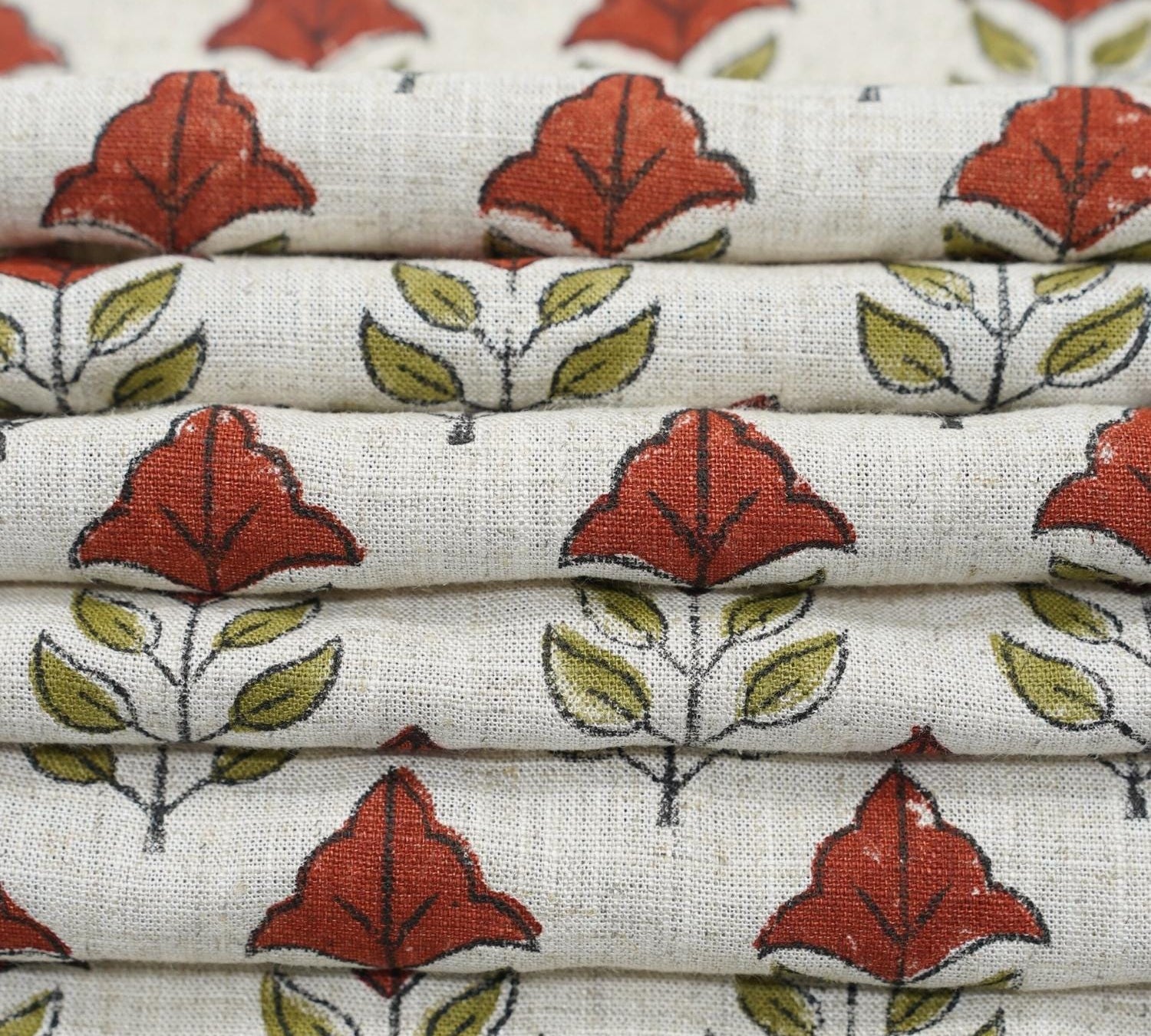 HANDMADE VISCOSE LINEN PREMIUM DESIGNER MAYUR FLORAL FABRIC – RED & GREEN INDOOR ROOM
