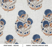 BLOCK PRINT LINEN HANDMADE PRINT BLUE WITH ORANGE FLORAL - MOHINI