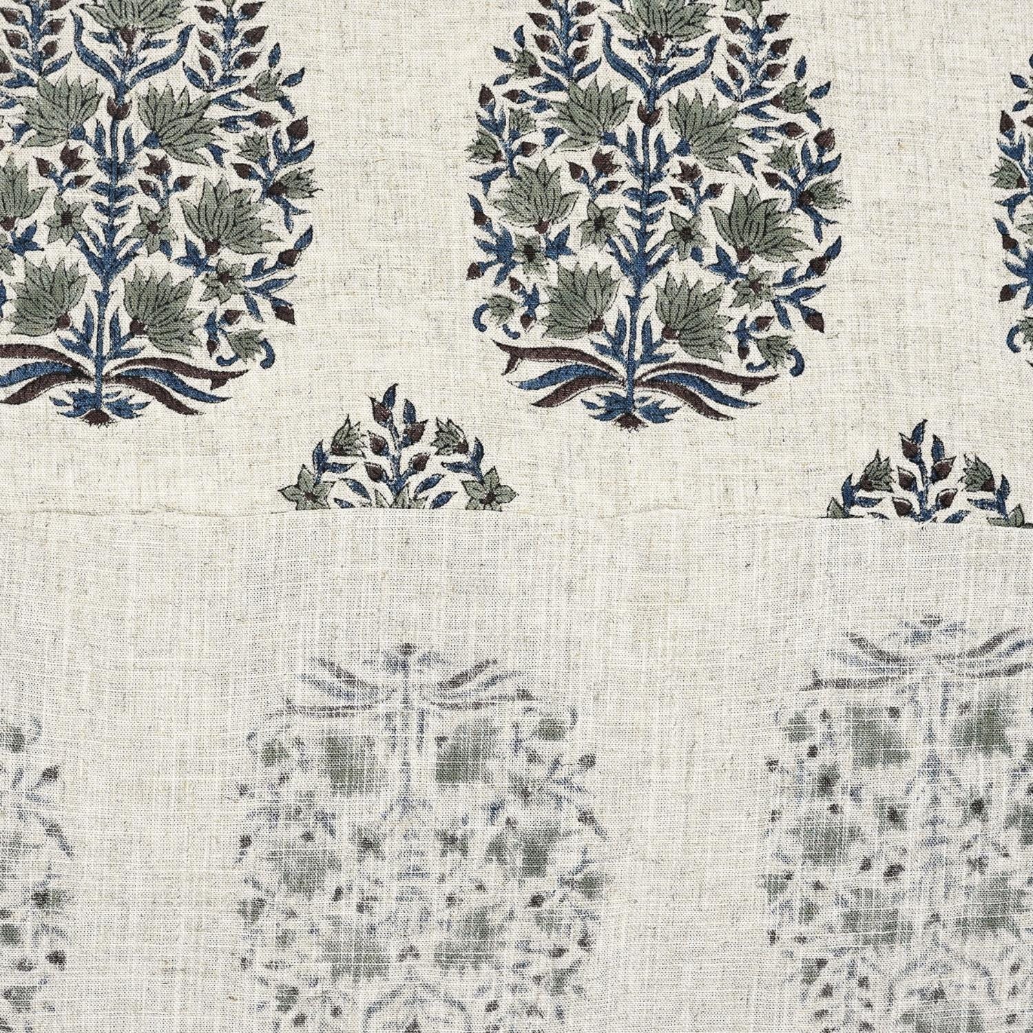 HAND BLOCK PRINT FLORAL GRAY AND BLUE NATURAL LINEN FABRIC - KUMUD