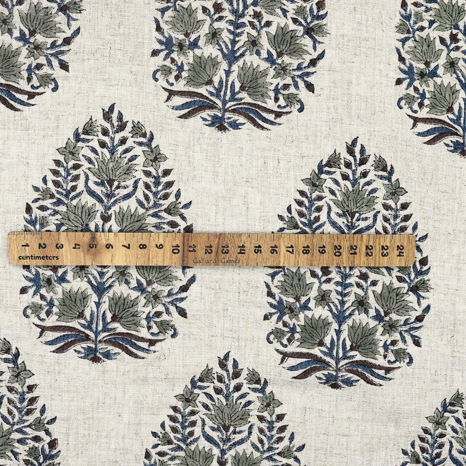 HAND BLOCK PRINT FLORAL GRAY AND BLUE NATURAL LINEN FABRIC - KUMUD