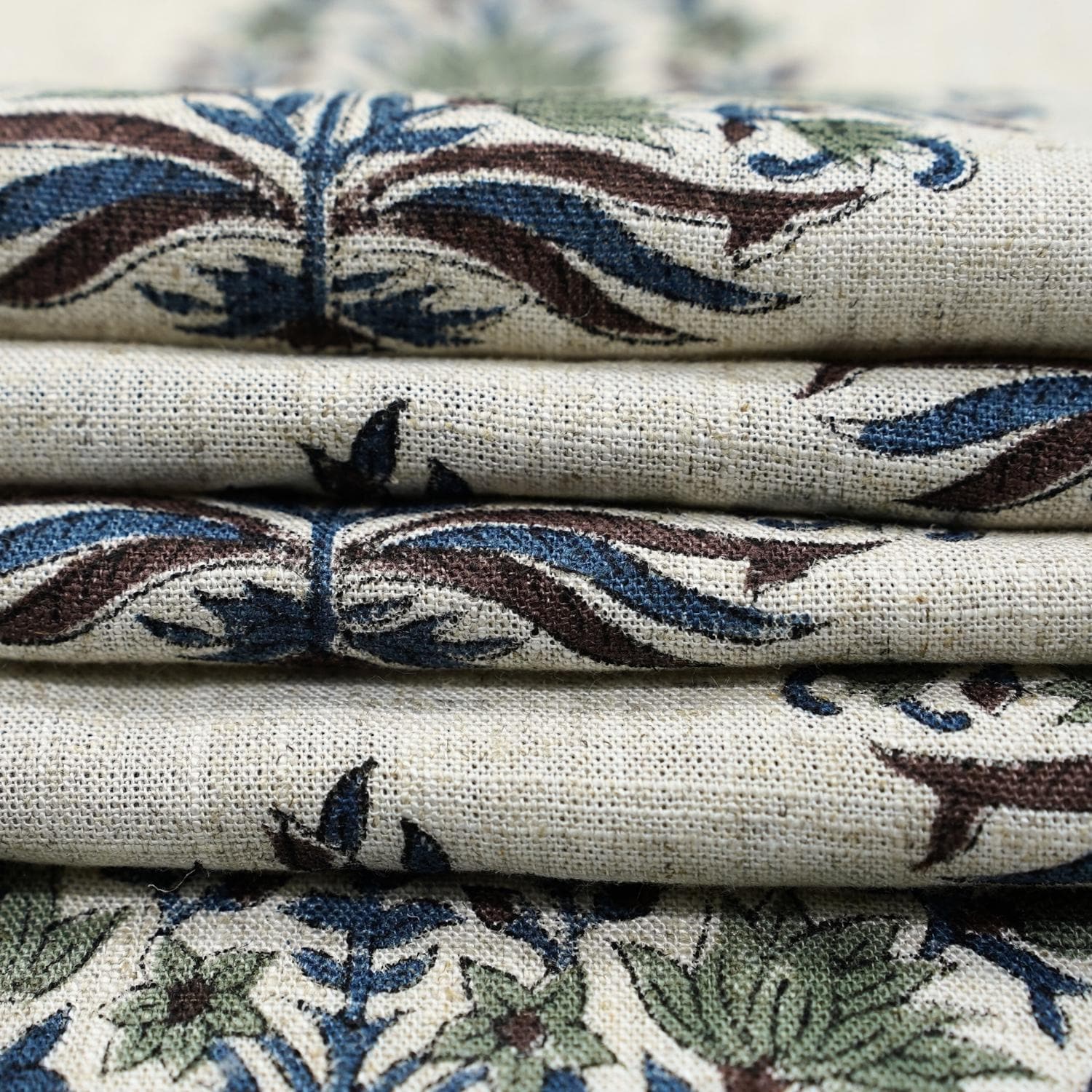 HAND BLOCK PRINT FLORAL GRAY AND BLUE NATURAL LINEN FABRIC - KUMUD