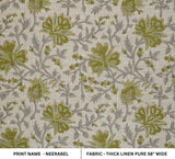 Handmade Green Floral Leaf Block Printed Throw Sofa Cushion Fabric in Thick Linen – Neerabel