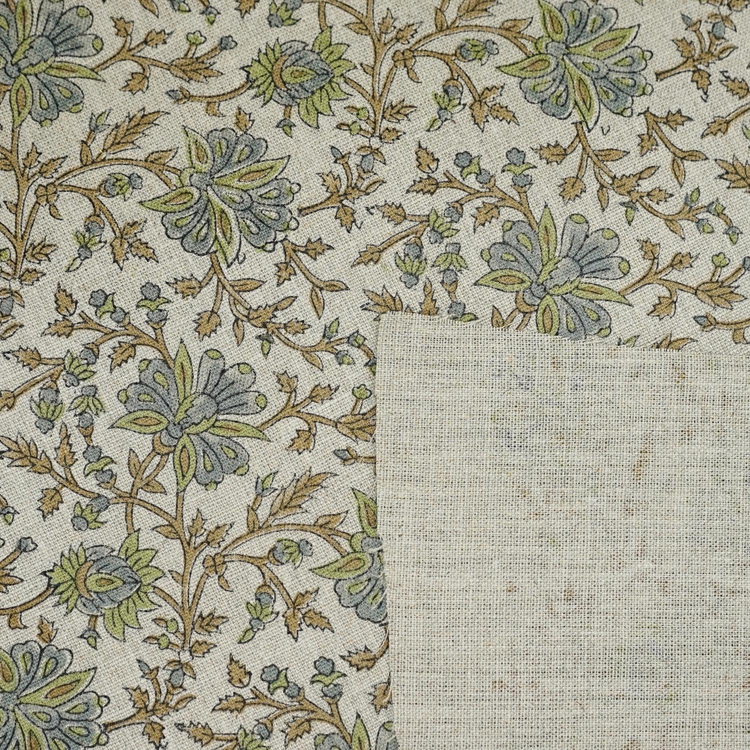 Green leaf block print thick linen fabric- NEERABEL