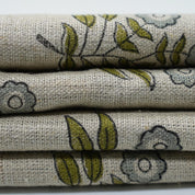 Green rose block print thick linen pure fabric - NEHA