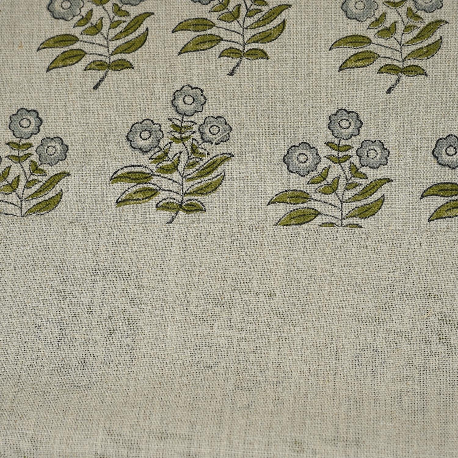 Green rose block print thick linen pure fabric - NEHA