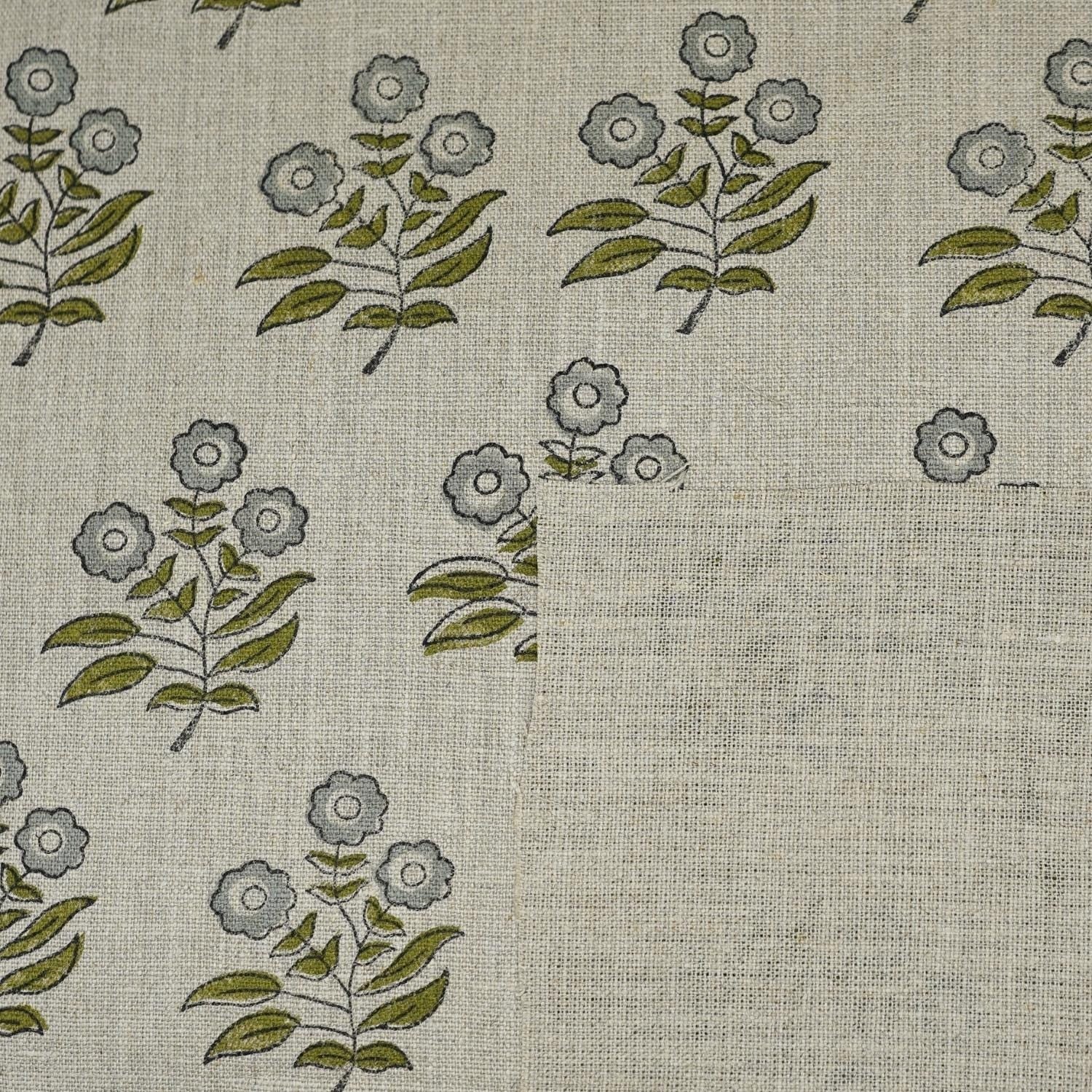 Green rose block print thick linen pure fabric - NEHA