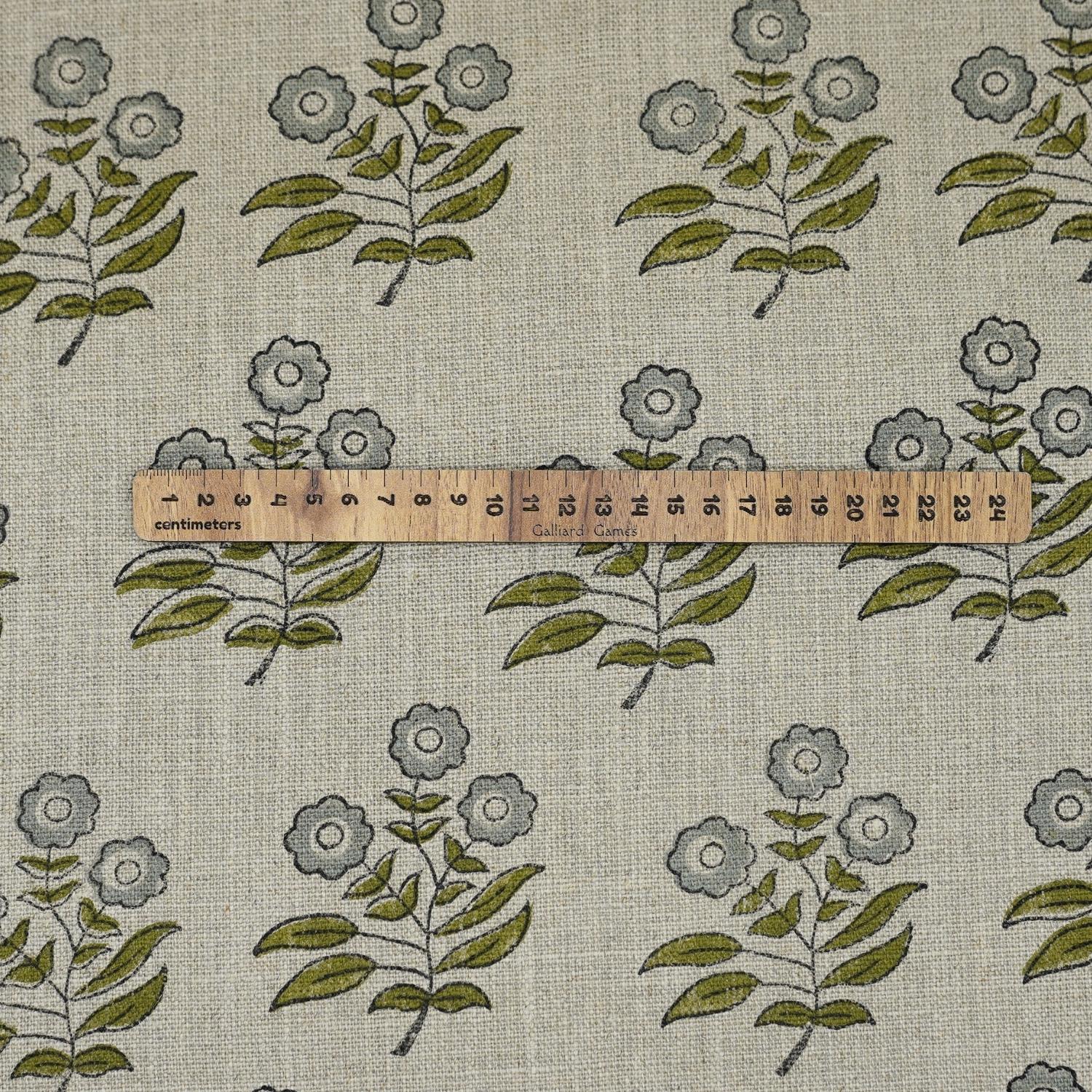 Green rose block print thick linen pure fabric - NEHA