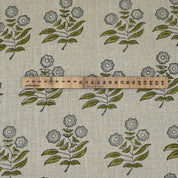 Green rose block print thick linen pure fabric - NEHA
