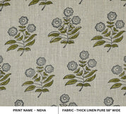 Green rose block print thick linen pure fabric - NEHA