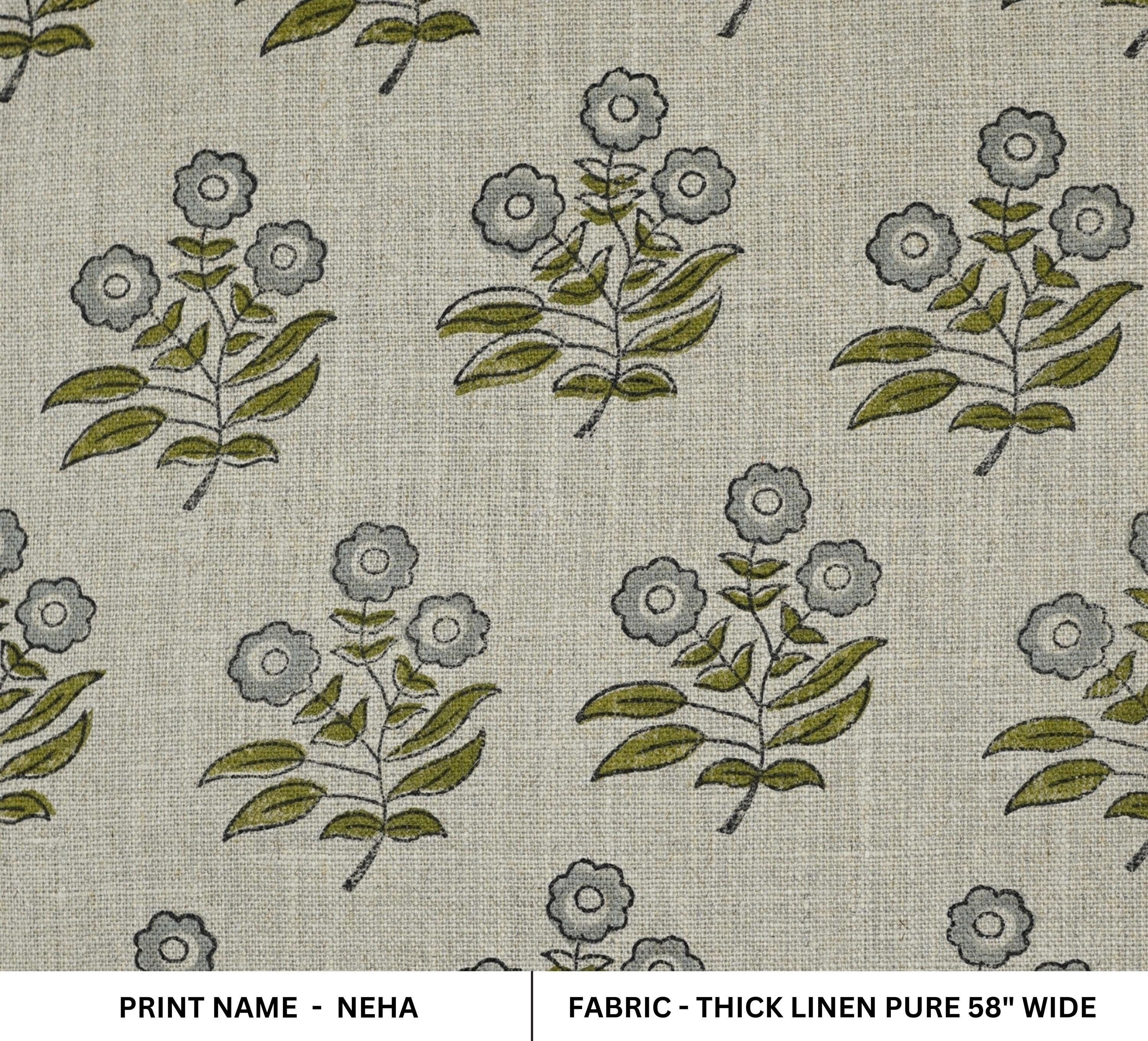 Green rose block print thick linen pure fabric - NEHA