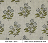 Handmade Throw Green & Gray Floral Block Printed Thick Linen Pure Fabric For Cushion Cover - NEHA