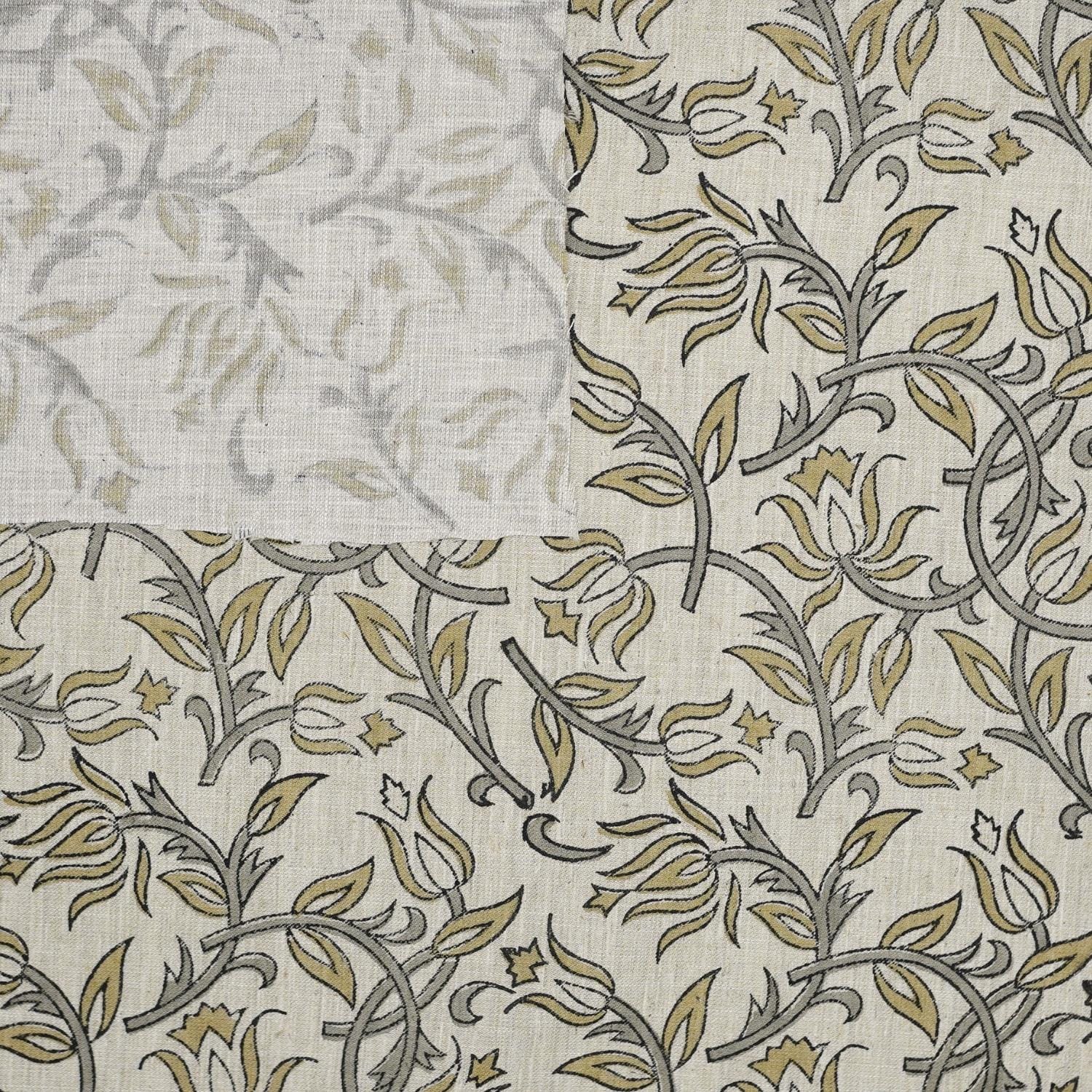 Floral block print linen blend natural fabric - KAMALDUTTA