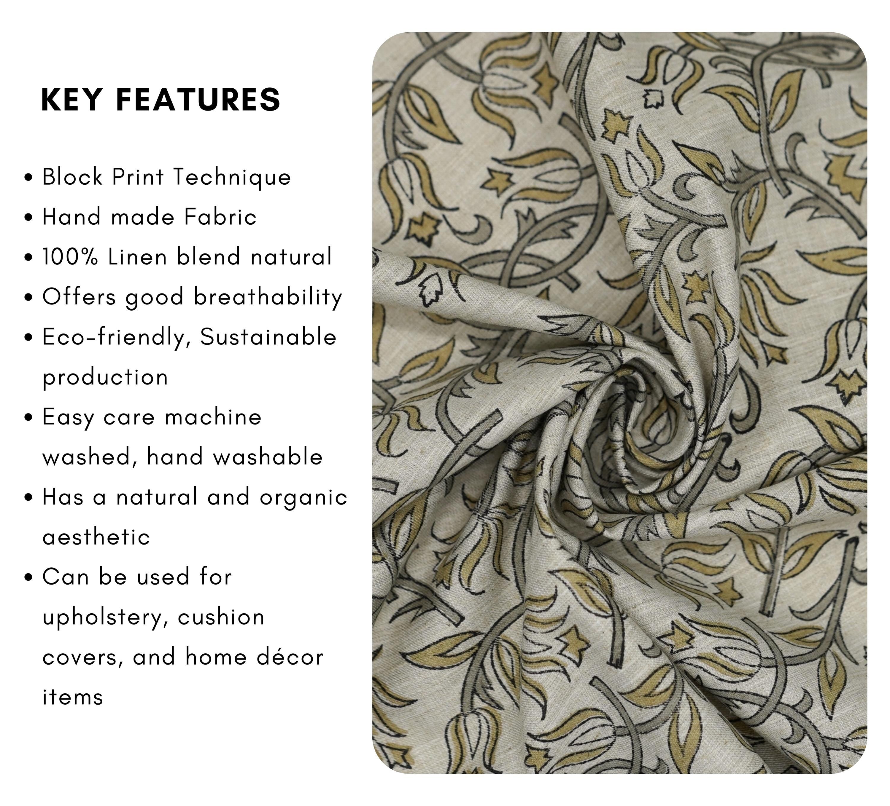 Floral block print linen blend natural fabric - KAMALDUTTA