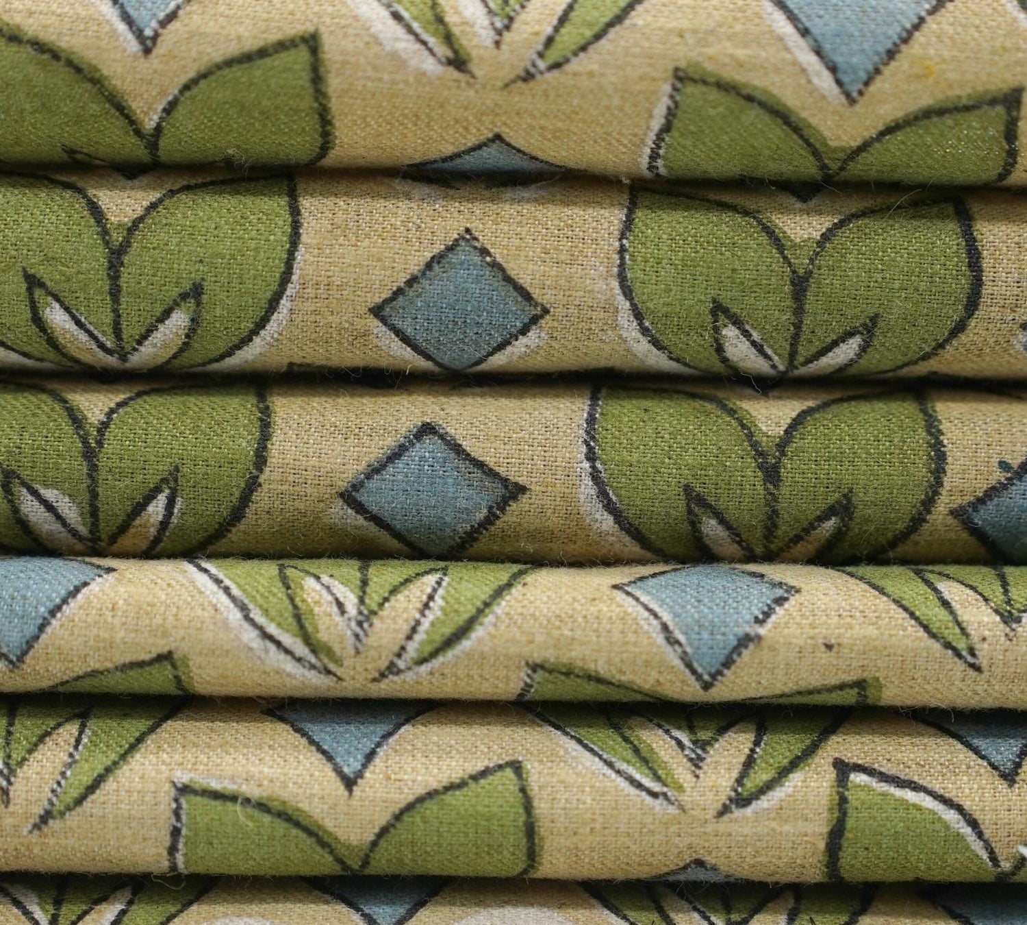 LINEN BLEND HAND BLOCK PRINTED FABRIC – TITLEE GREEN FLORAL IN GRAY & GREEN FOR FARMHOUSE DECOR