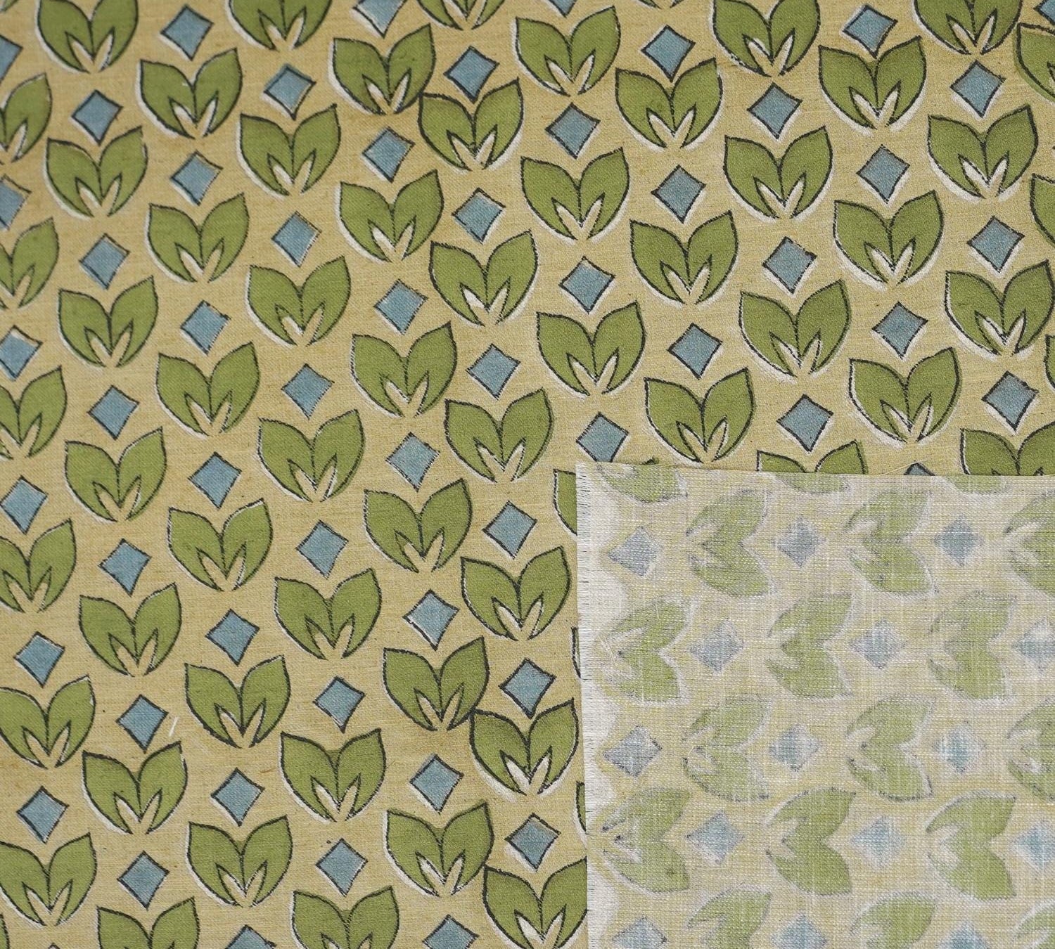 LINEN BLEND HAND BLOCK PRINTED FABRIC – TITLEE GREEN FLORAL IN GRAY & GREEN FOR FARMHOUSE DECOR