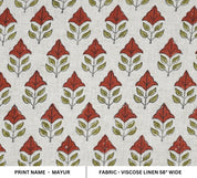 HANDMADE VISCOSE LINEN PREMIUM DESIGNER MAYUR FLORAL FABRIC – RED & GREEN INDOOR ROOM